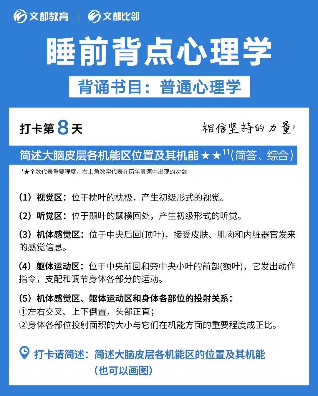 睡前背點(diǎn)心理學(xué)之文都考研：大腦皮層機(jī)能區(qū)位置及其機(jī)能